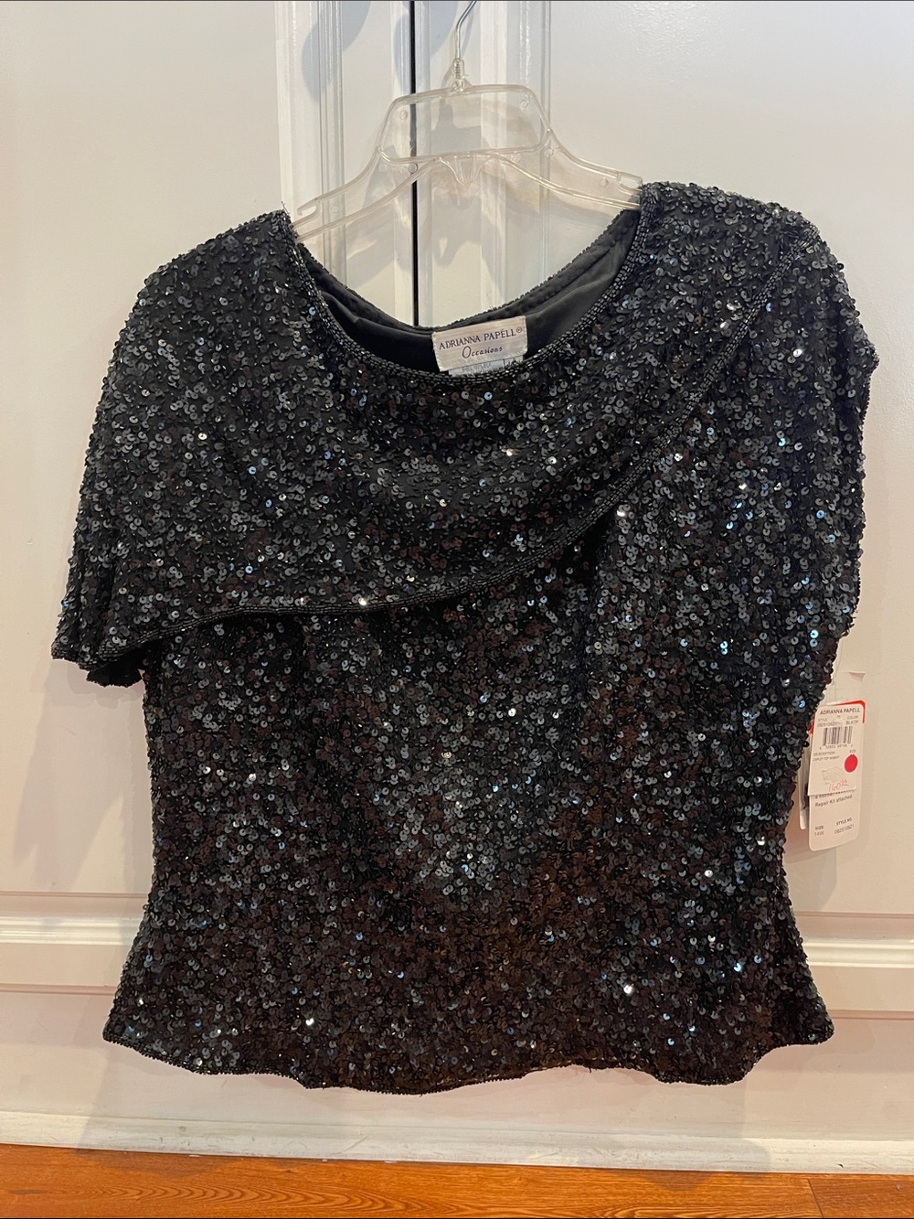 Adrianna Papell Black Sequin Draped Short Sleeve Top